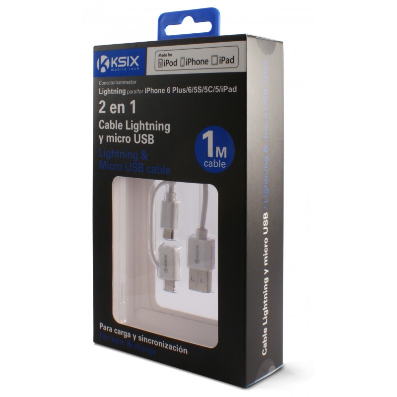 Câble KSix 2en1 USB vers Micro USB / Lightning / Blanc Câble KSix 2en1 USB vers Micro USB / Lightning / Blanc