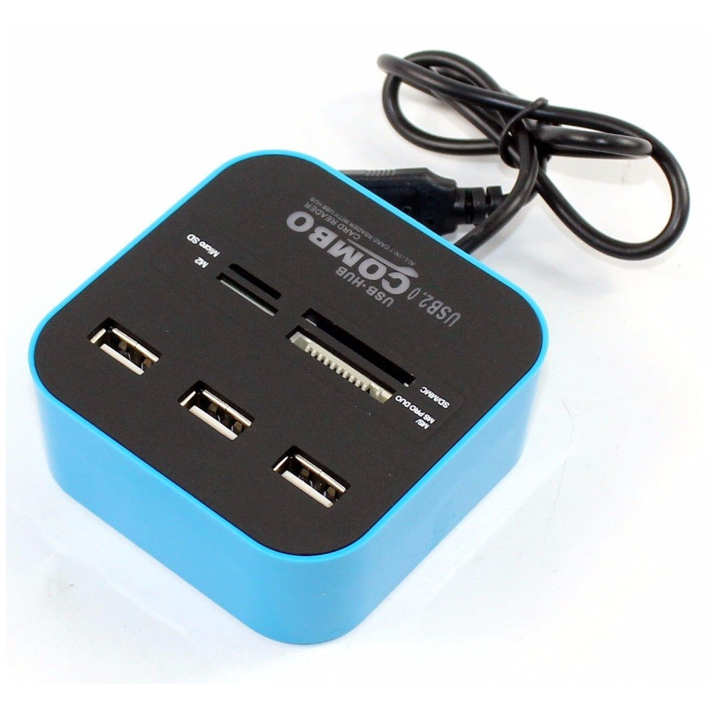 Hub 3 ports USB 2.0 + Lecteur de cartes / Bleu
