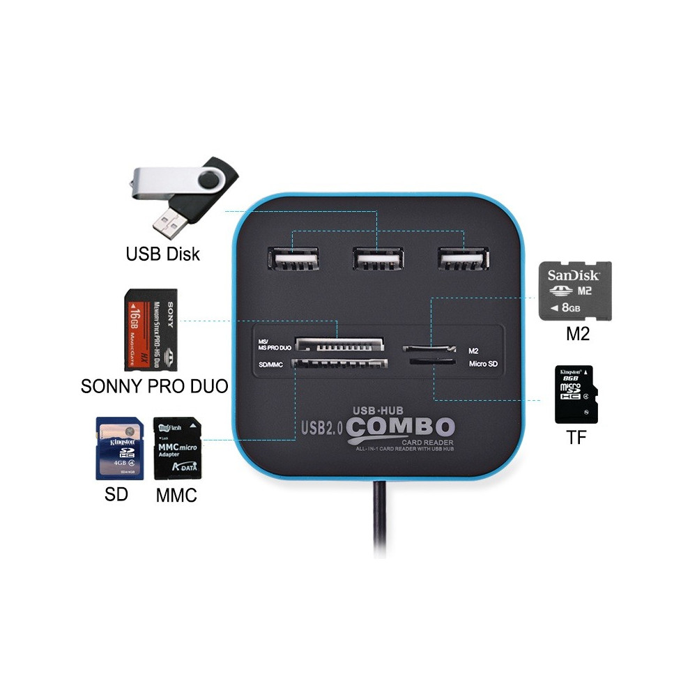 Hub 3 ports USB 2.0 + Lecteur de cartes / Noir
