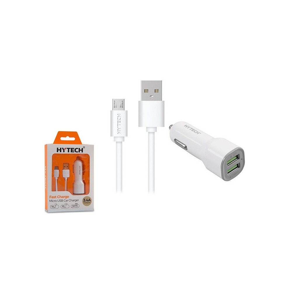 Chargeur Allume Cigare Hytech + Câble Micro USB / HY-X42 / 3.4A / Blanc