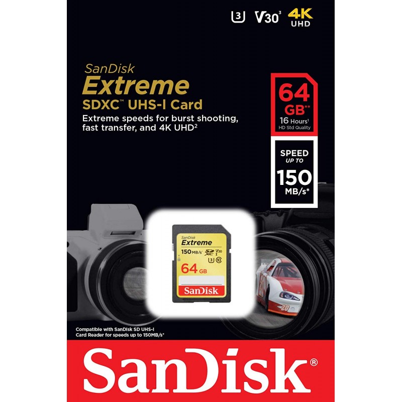 Carte Mémoire Sandisk SDXC Extreme UHSI Class 10 U3 V30 4K UHD / 64 Go