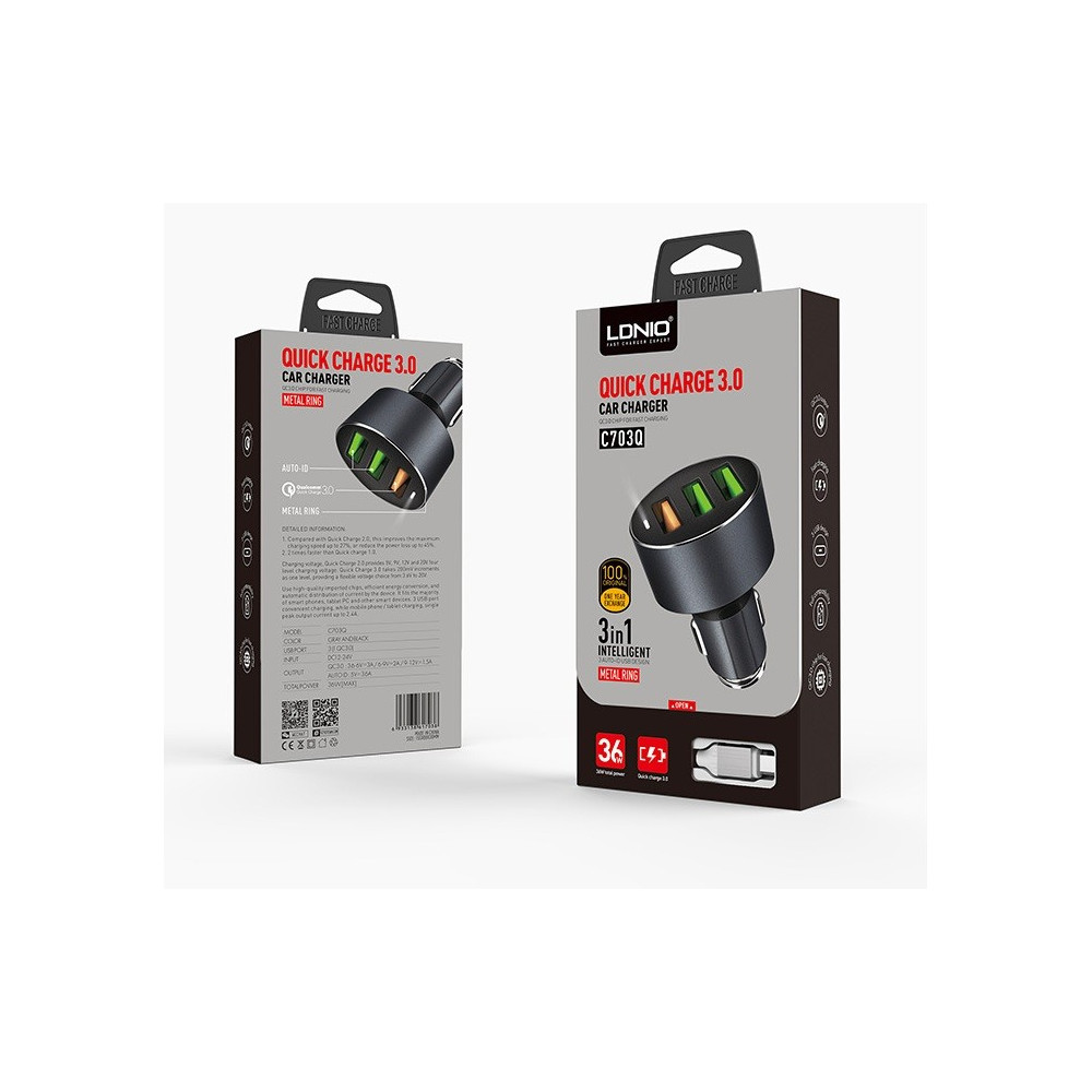 Chargeur Allume Cigare LDNIO C703Q 3x USB 3.6A / Gris