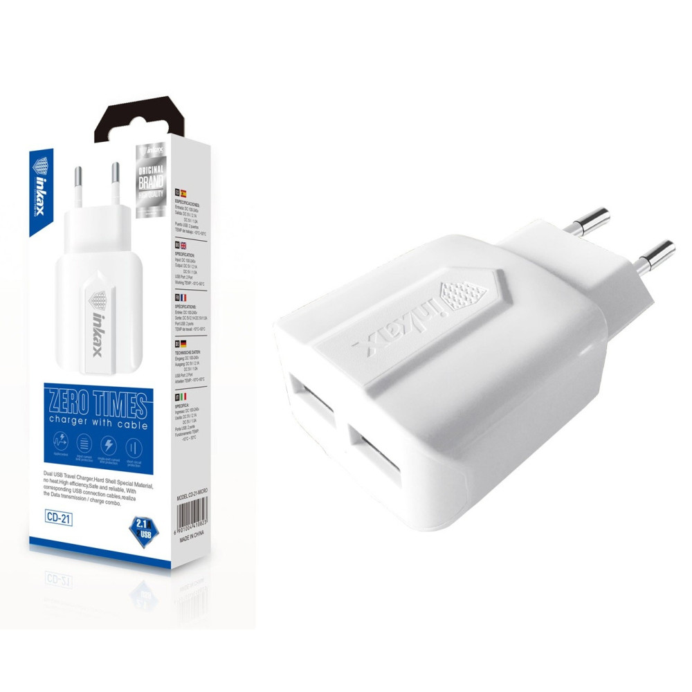 Chargeur Secteur Inkax CD-21 2x USB 2.1A / Blanc