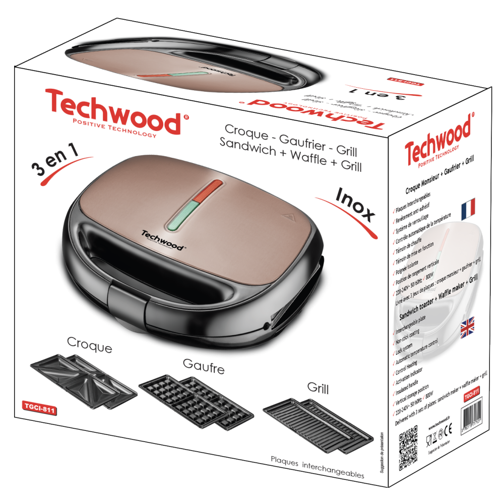 Gaufrier / Croque / Grill INOX Bronze Techwood TGCI-811 / 800W