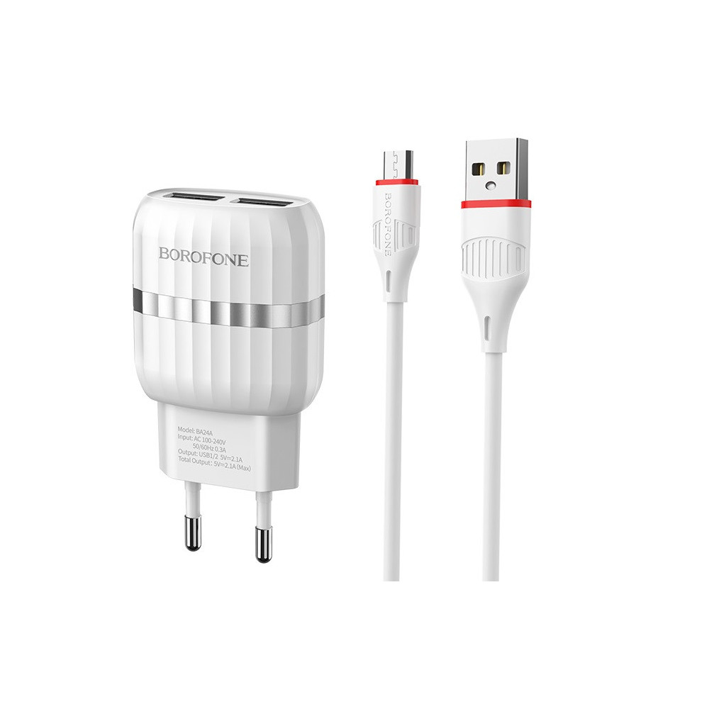 Chargeur Borofone BA24A Double Port USB Vers Micro USB / Blanc