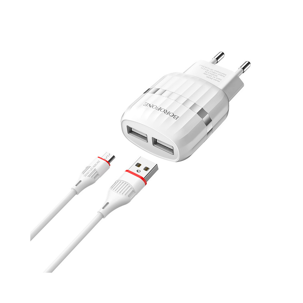 Chargeur Borofone BA24A Double Port USB Vers Micro USB / Blanc