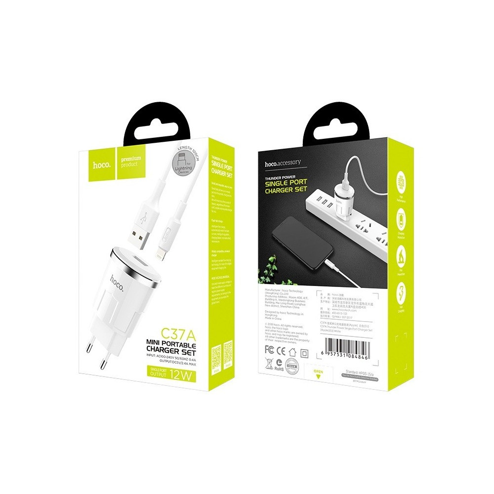Chargeur secteur Hoco C37A + Câble Lightning 2.4A / 12W / Blanc