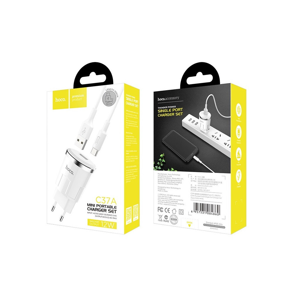 Chargeur secteur Hoco C37A + Câble Pour Type C 2.4A / 12W / Blanc