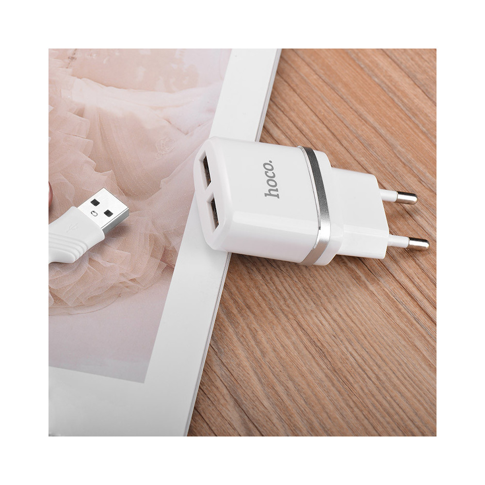Chargeur secteur Hoco C12 + Câble Pour Micro USB / Blanc