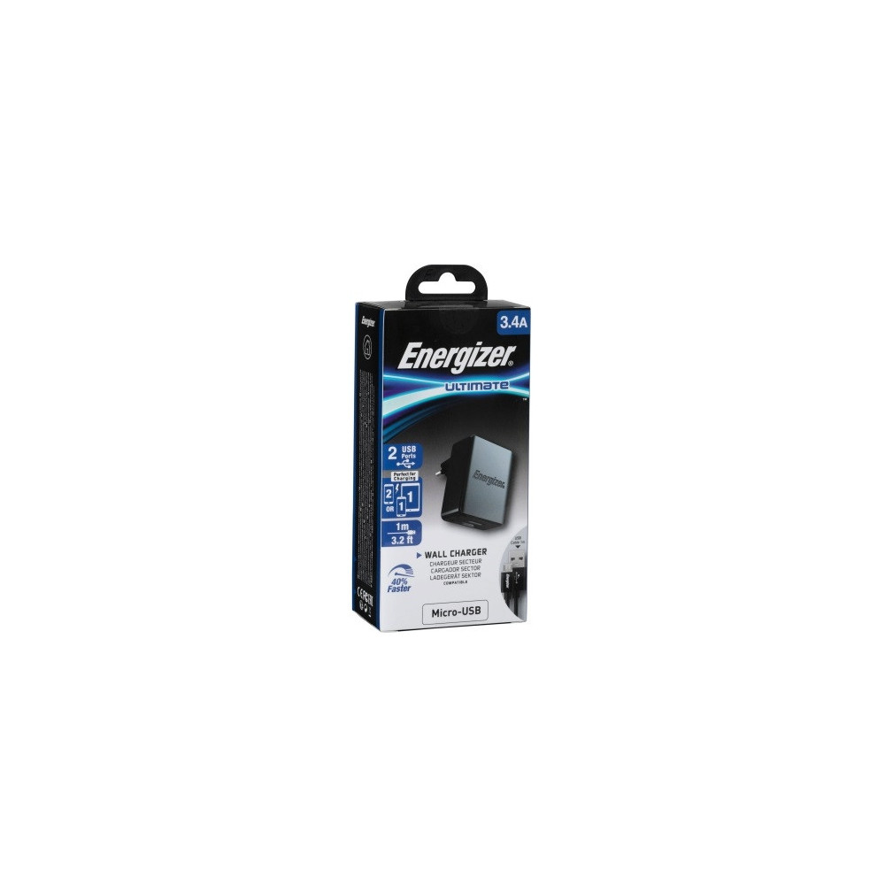 Chargeur secteur Energizer 3.4A 2 Port USB + Câble Vers Micro-USB