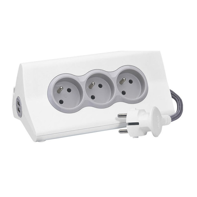 Rallonge multiprise LeGrand 3 x 2P+T 16A 230V + 2 chargeurs USB Type-A 2,4A  et support tablette intégré / Blanc & Gris