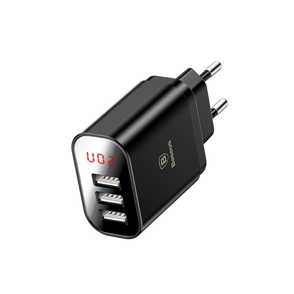 Chargeur mural Baseus Mirror Lake avec écran 3 Ports USB / 3.4A / Noir