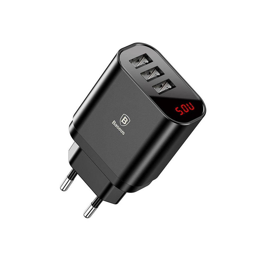 Chargeur mural Baseus Mirror Lake avec écran 3 Ports USB / 3.4A / Noir