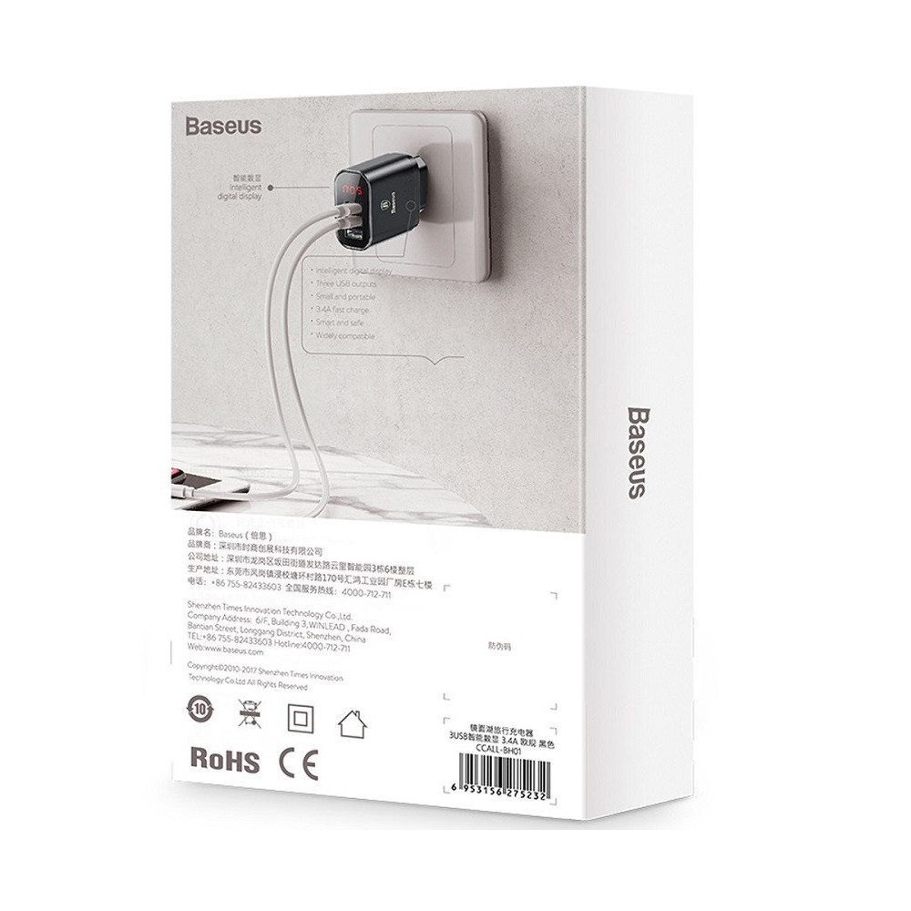 Chargeur mural Baseus Mirror Lake avec écran 3 Ports USB / 3.4A / Noir