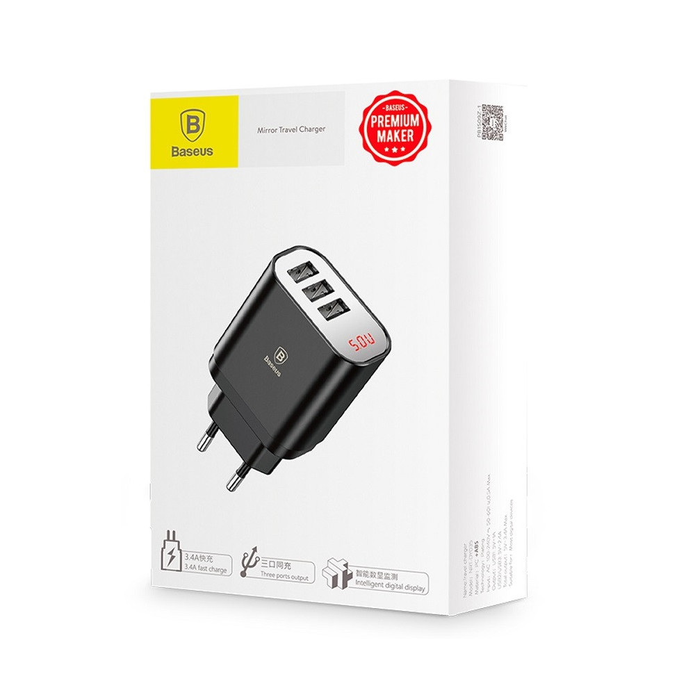 Chargeur mural Baseus Mirror Lake avec écran 3 Ports USB / 3.4A / Noir
