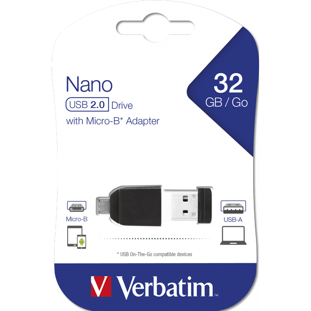 Clé USB Nano Verbatim avec adaptateur Micro USB / 32 Go / Noir