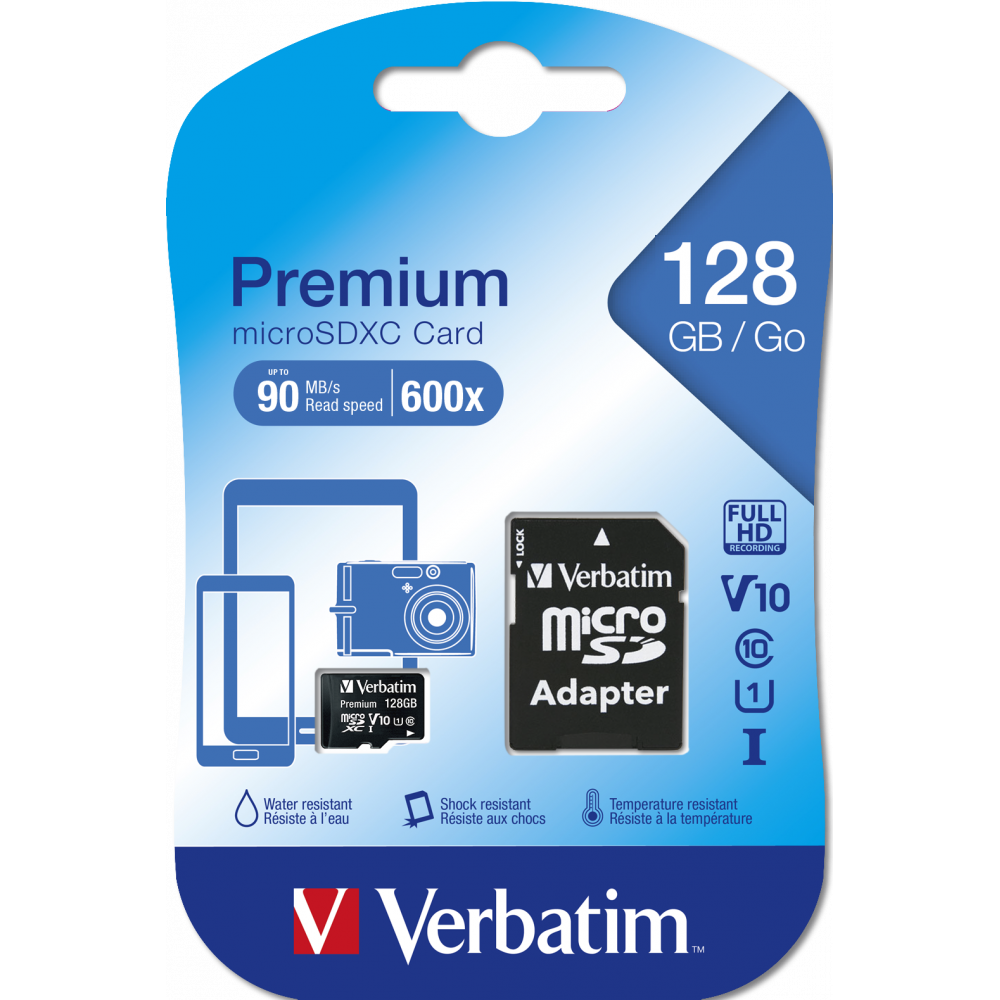 Carte mémoire Verbatim micro SDHC Class 10 avec Adaptateur / 128 Go
