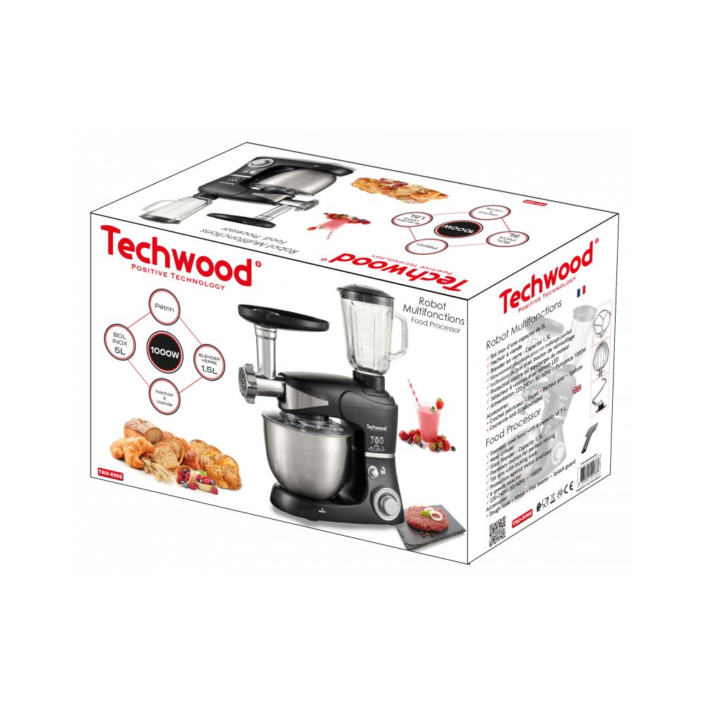 Robot Multifonctions Pétrin Techwood TRO-5066 / 1000 W / Noir & Inox