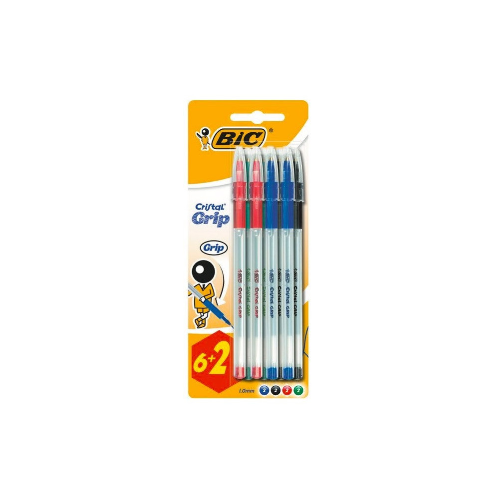 Lot de 8 Stylos bille BIC Cristal Grip  / Moyen 1.0mm / Assortis