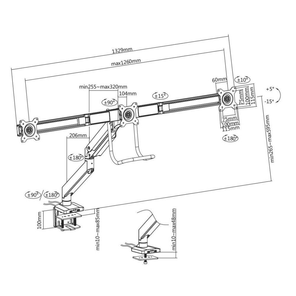 Support pour 3 écran de bureau White Shark GMS-3203 Rhamses III / 17"-27