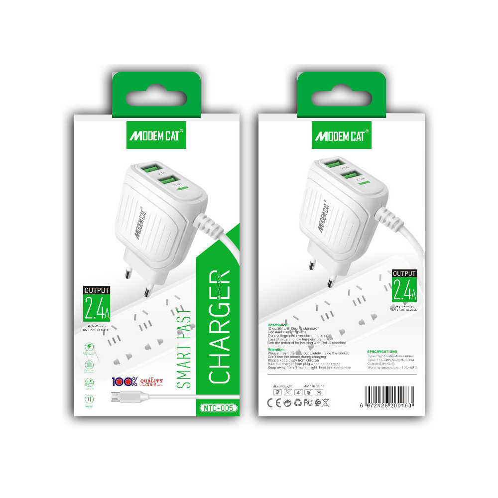 Chargeur secteur Modemcat MTC-005 2x USB avec câble USB Type C / 2.4A / Blanc