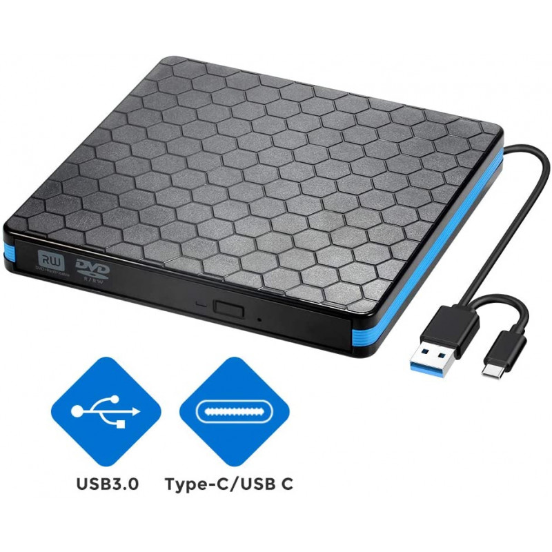 Lecteur DVD CD Externe, Type C et USB 3.0 Graveur et Lecteur de CD