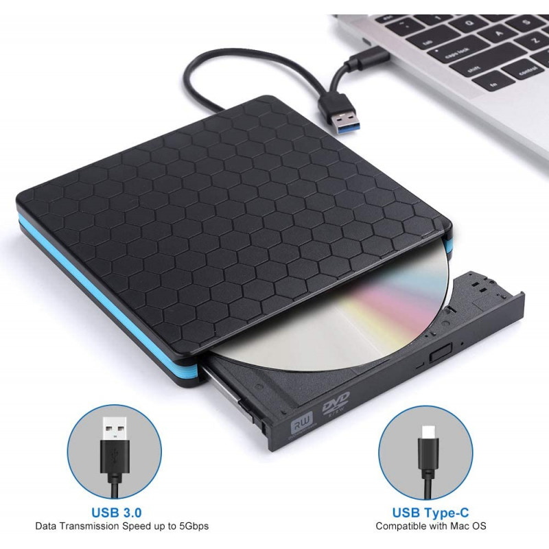 Lecteur graveur CD/DVD externe slim Lenovo - USB 3.0 - 4XA0E97775 +  adaptateur / connecteur de câble USB 