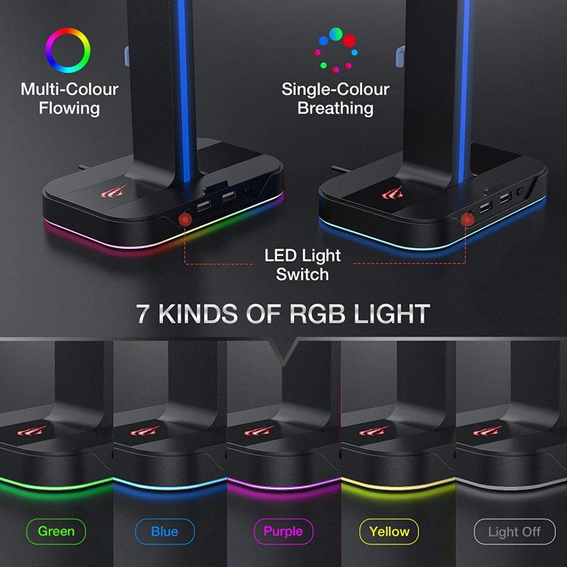 Support de Casque RGB - Hub 3x USB et chargeur smartphone sans fil  induction pour Gamer - Base - Rétroéclairé (7 modes)