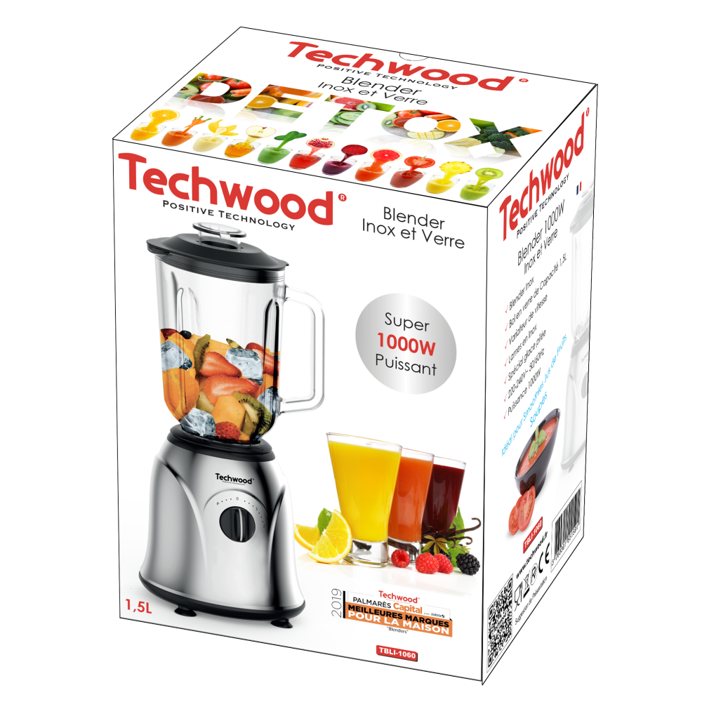 Super Blender Techwood TBLI-1060 Inox et Verre / 1.5L / 1000W