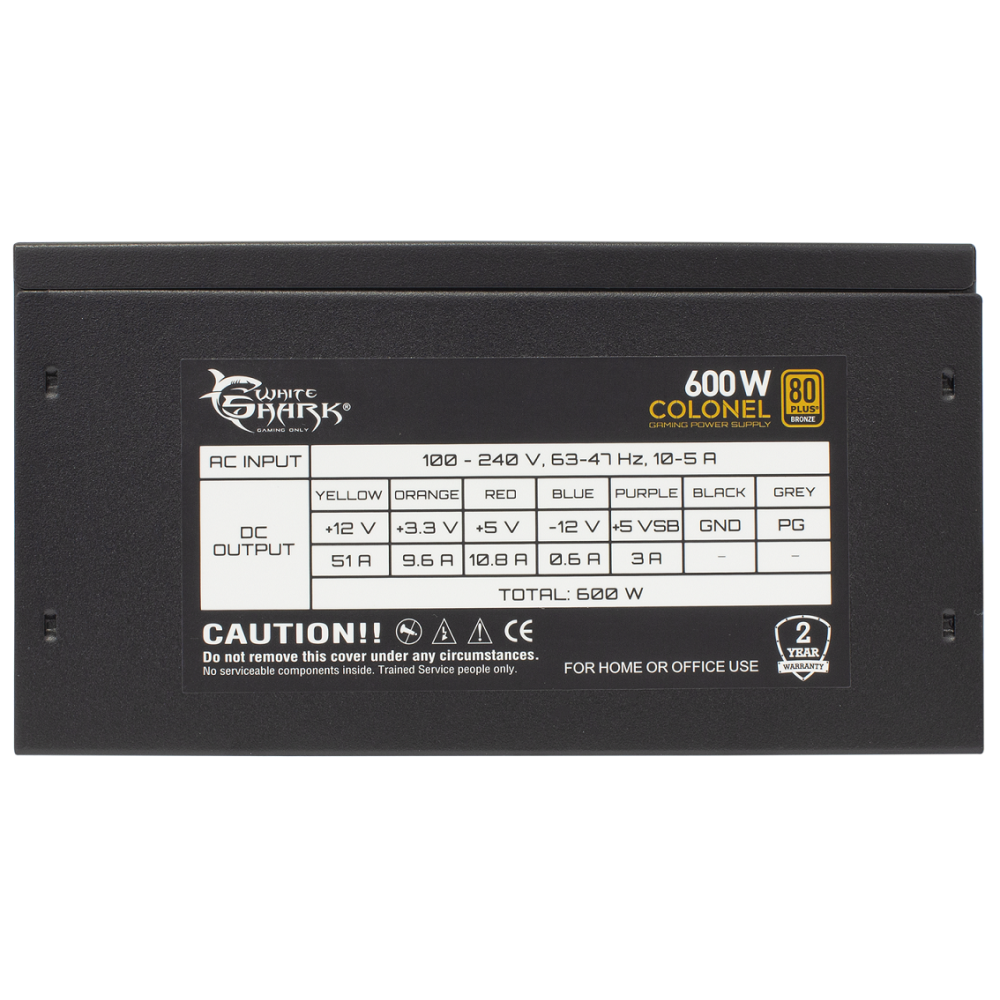 Boite d'alimentation Gamer White Shark Colonel 600W / 80+ Bronze
