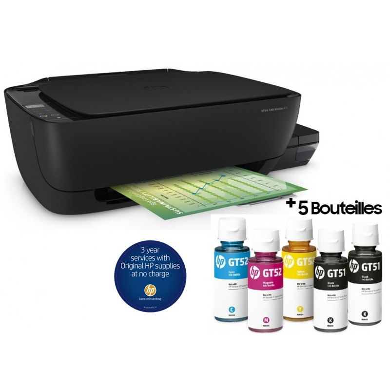Imprimante Multifonction Jet d'encre 3 en 1 à réservoir intégré HP Ink Tank 415 / Wifi + Rame Papier A4 de 250 Feuilles + Câble USB