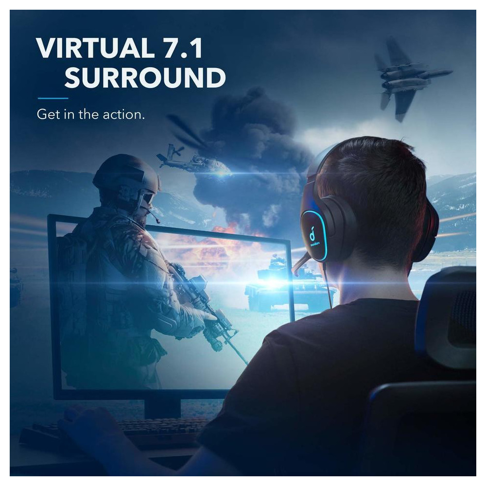 Casque Micro Filaire Gamer Anker Soundcore Strike 3 / 7.1 Virtual Surround Sound / Noir et Bleu
