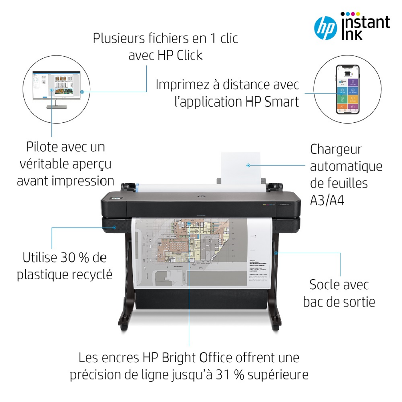 Imprimante sans fil HP DesignJet T650 avec impression en 1 clic - 24 pouces  - Avec garantie de 2 ans