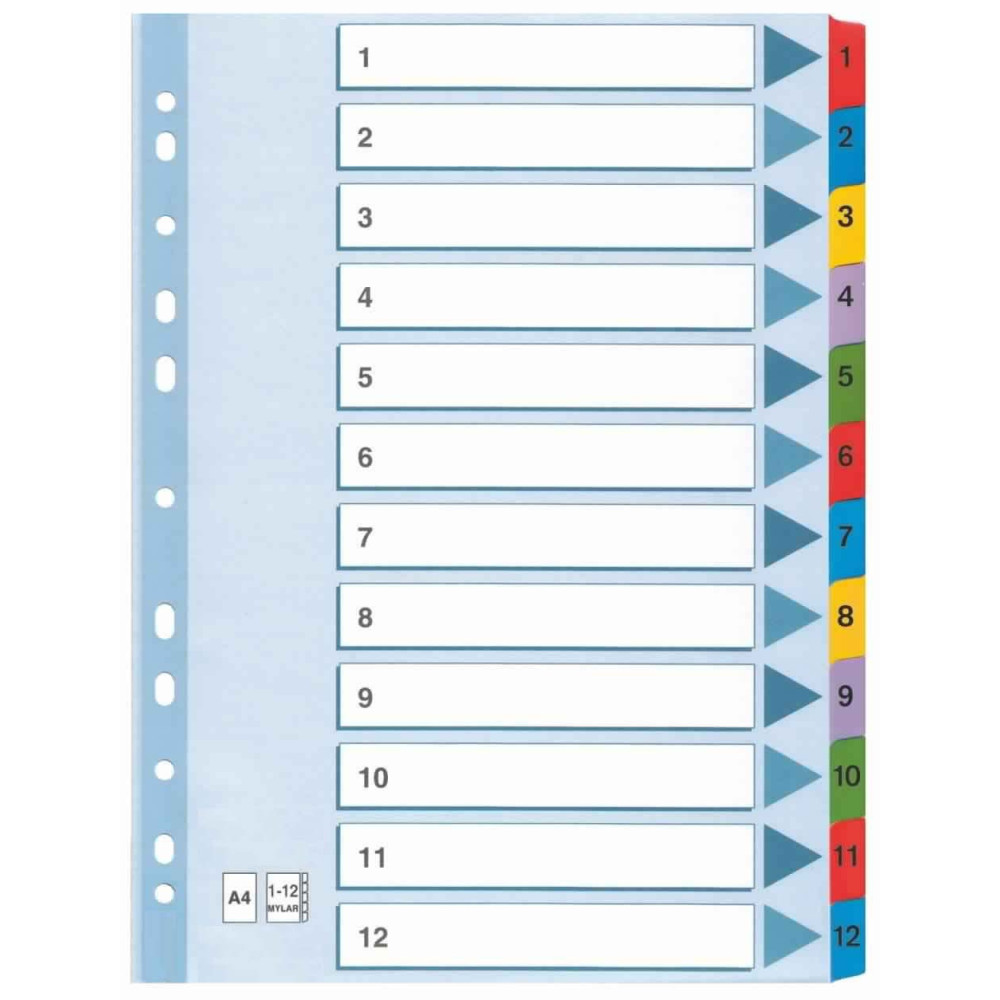 Intercalaire de séparation 12 Positions A4 Coloré Plastique