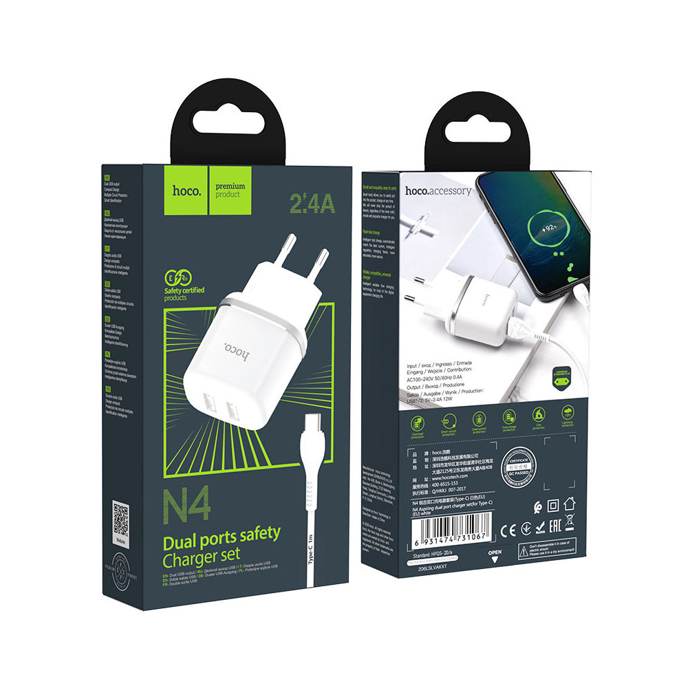 Chargeur Hoco N4 Aspiring / 2.4A / Double Ports / Type-C / Blanc