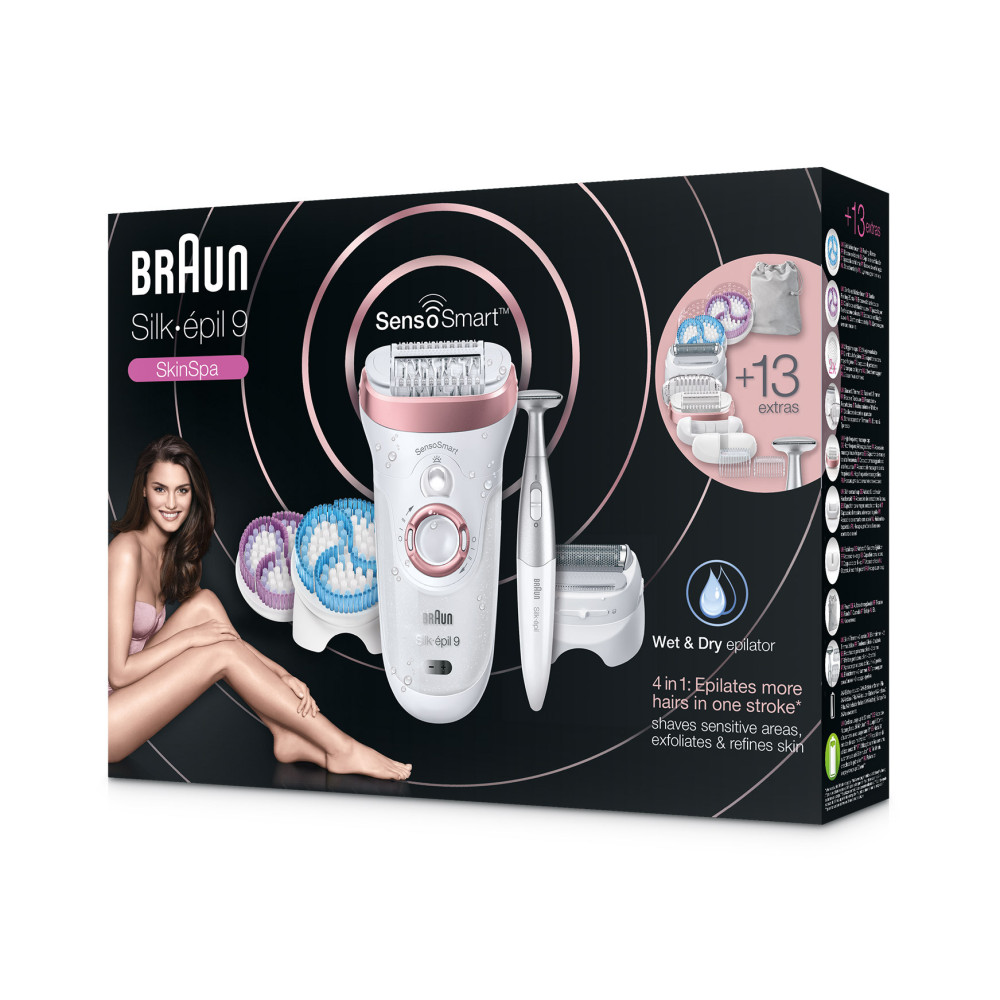 Epilateur électrique Braun Silk-épil 9 9/980 SkinSpa SensoSmart avec 13 Accessoires et tondeuses 3-en-1