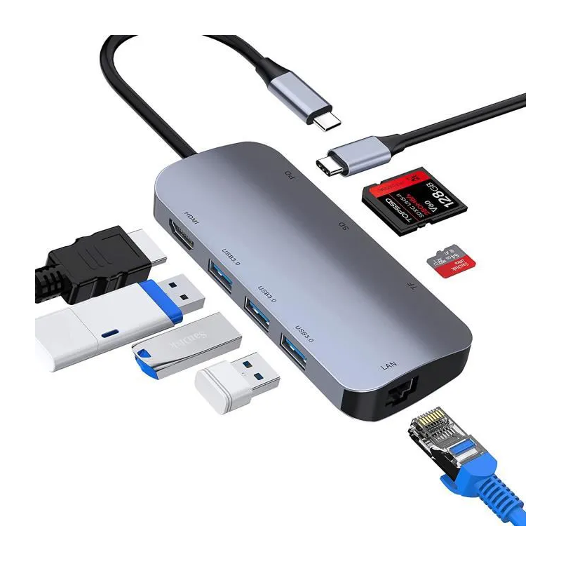 Station d'accueil 8en1 Type-C Vers HDMI, VGA, 2x USB 3.0, Lecteur