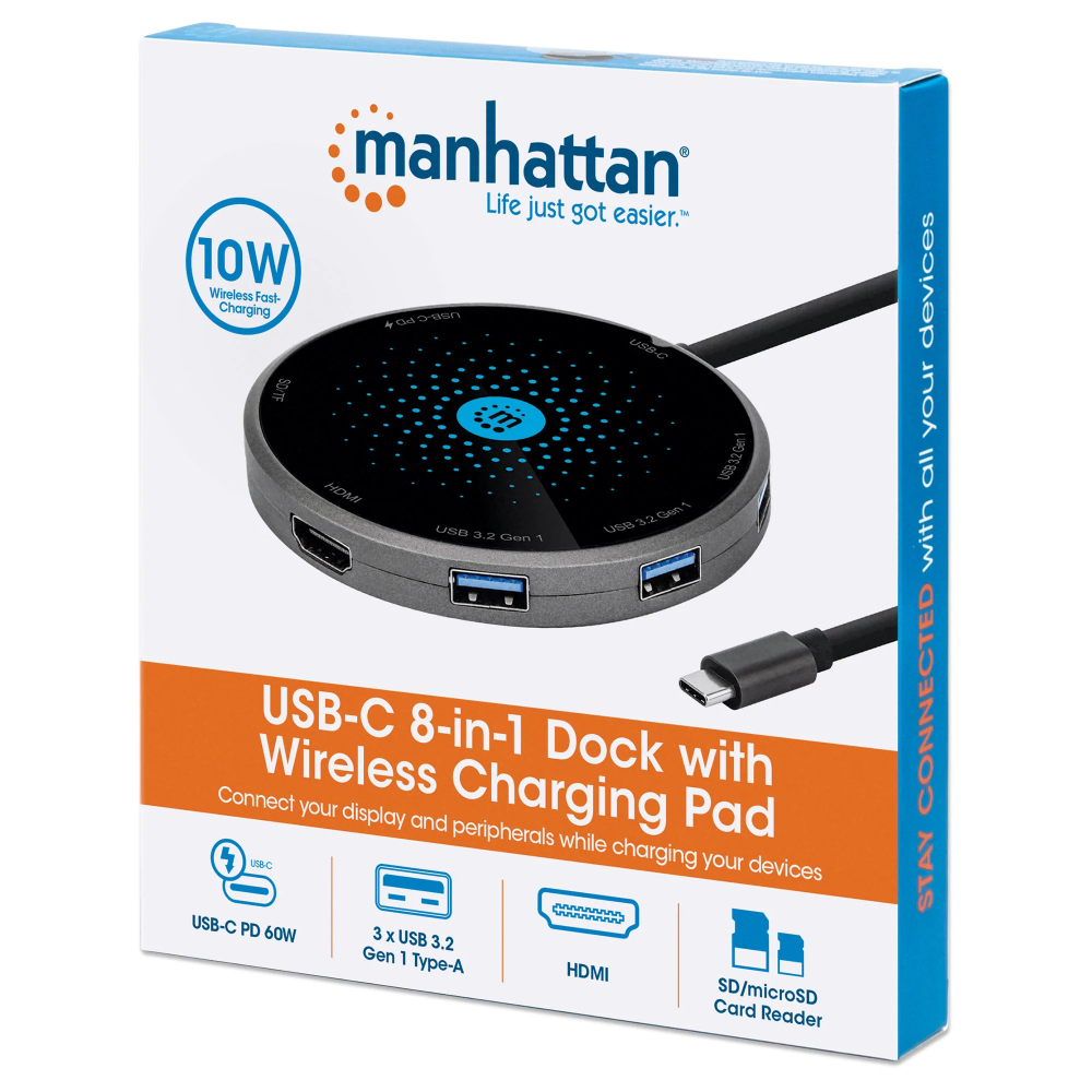 Station d'accueil USB-C 8 en 1 avec chargeur sans fil Manhattan - Type C