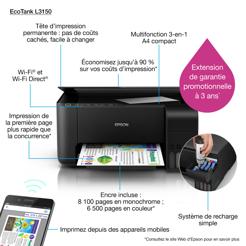 Imprimante Multifonction à réservoir intégré 3en1 couleur Epson ECOTANK L3150 / WiFi