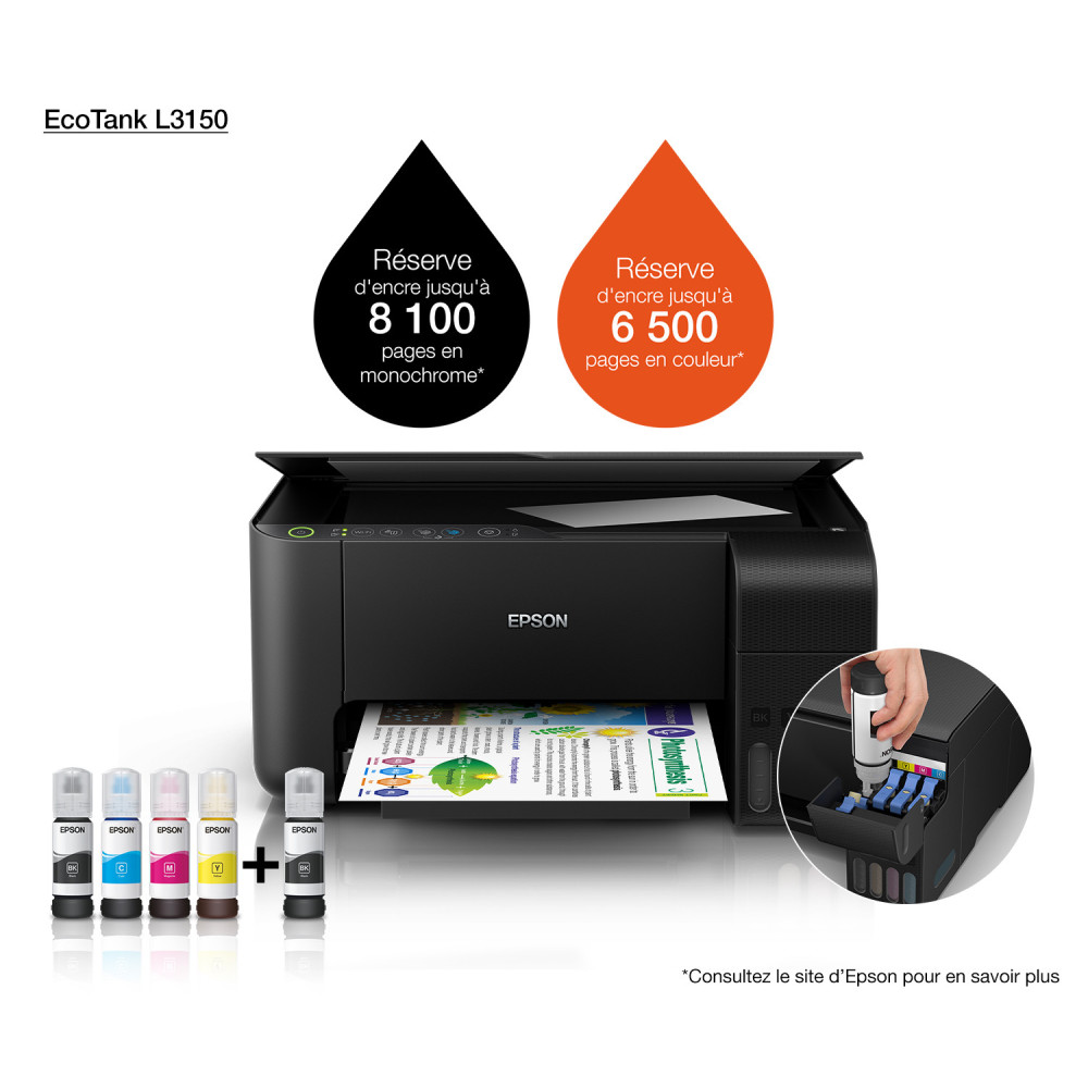 Imprimante Multifonction à réservoir intégré 3en1 couleur Epson ECOTANK L3150 / WiFi