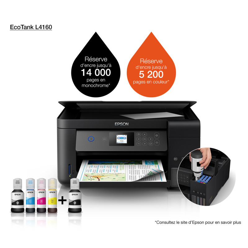 Imprimante à réservoir intégré 3en1 couleur Epson ECOTANK ITS L4160 / Wifi / Garantie 3 ans + Rame Papier A4 de 250 Feuilles + Câble USB