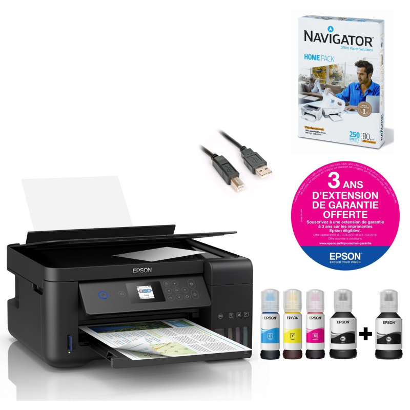 Imprimante à réservoir intégré 3en1 couleur Epson ECOTANK ITS L4160 / Wifi / Garantie 3 ans + Rame Papier A4 de 250 Feuilles + Câble USB