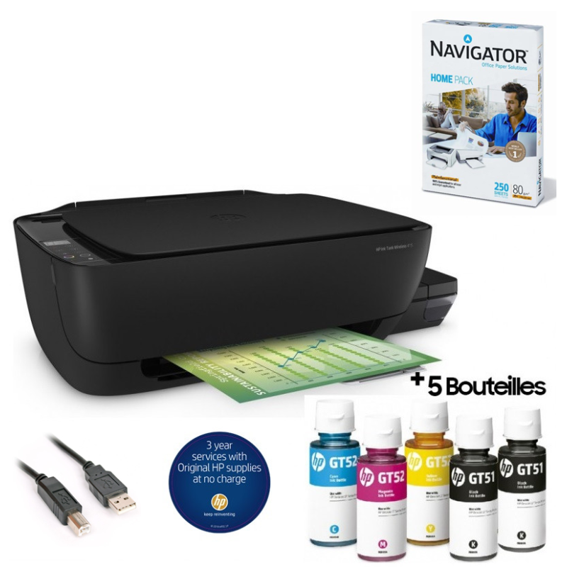Imprimante Multifonction Jet d'encre 3 en 1 à réservoir intégré HP Ink Tank 415 / Wifi + Rame Papier A4 de 250 Feuilles + Câble USB