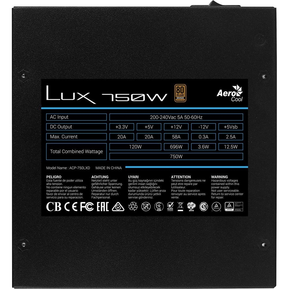 Boite d'alimentation AeroCool LUX 750W / 80+ Bronze