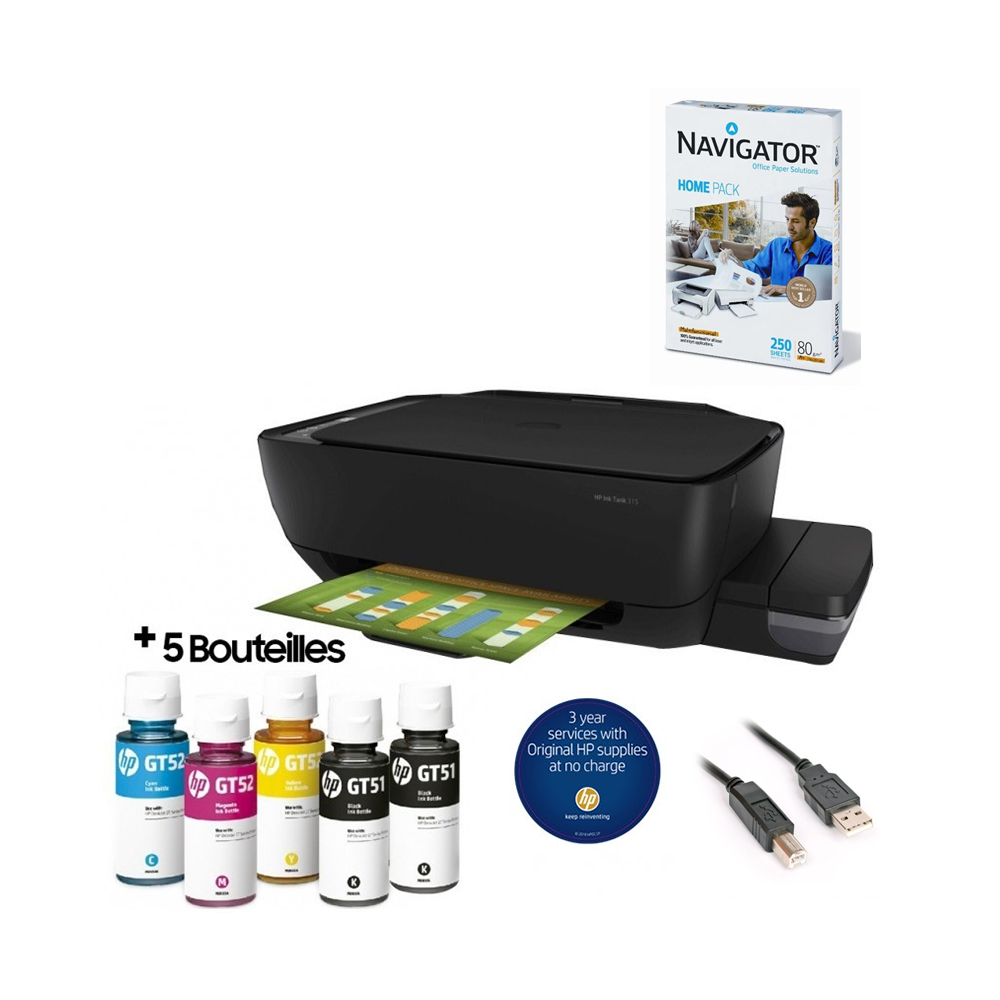 Imprimante Multifonction Jet d'encre 3 en 1 à réservoir intégré HP Ink Tank 315 + Rame Papier A4 de 250 Feuilles + Câble USB