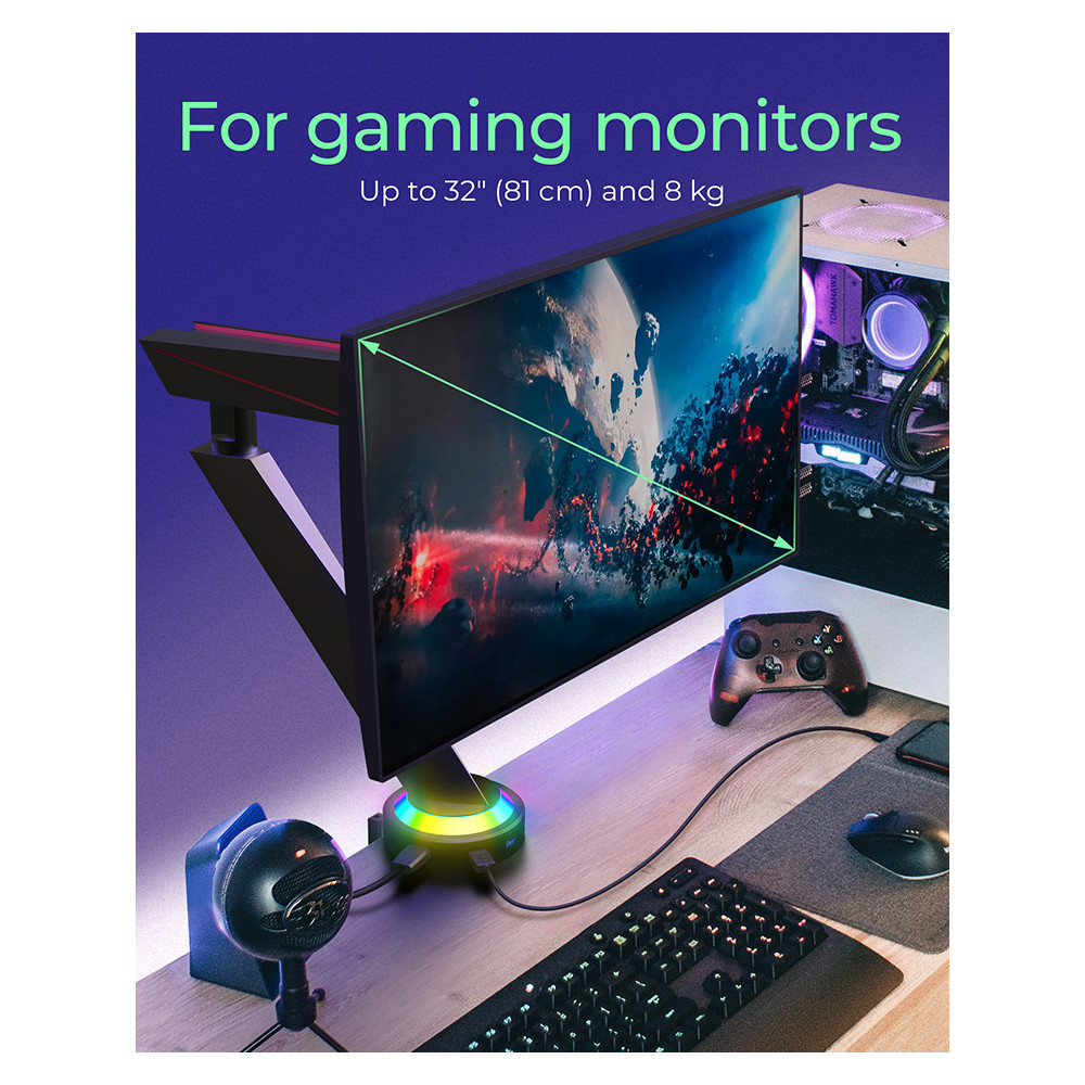 Support Gaming ICY BOX IB-MSG303BL-T pour écran / 32" / RGB / HUB
