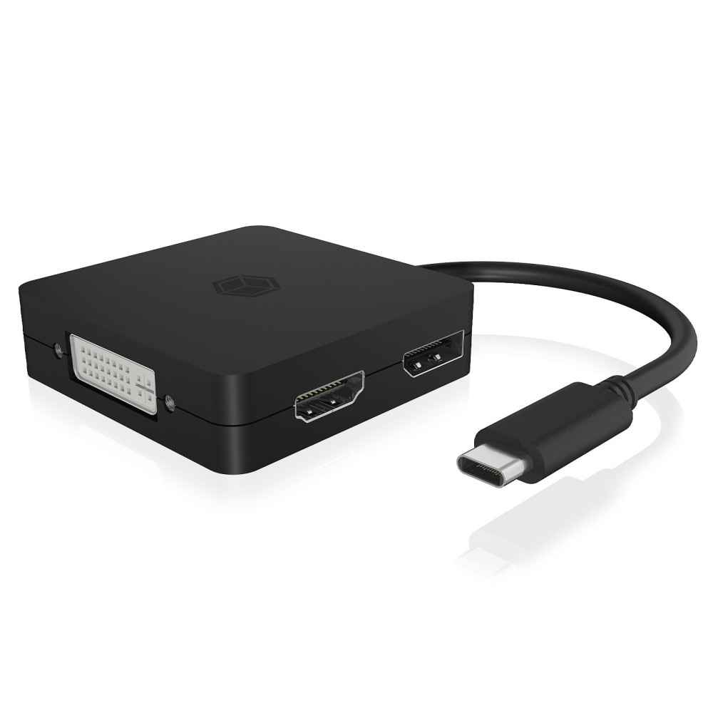 Adaptateur vidéo 4-en-1 ICY BOX IB-DK1104-C / USB 3.1 Type C Mâle vers DisplayPort + DVI + VGA + HDMI / Noir