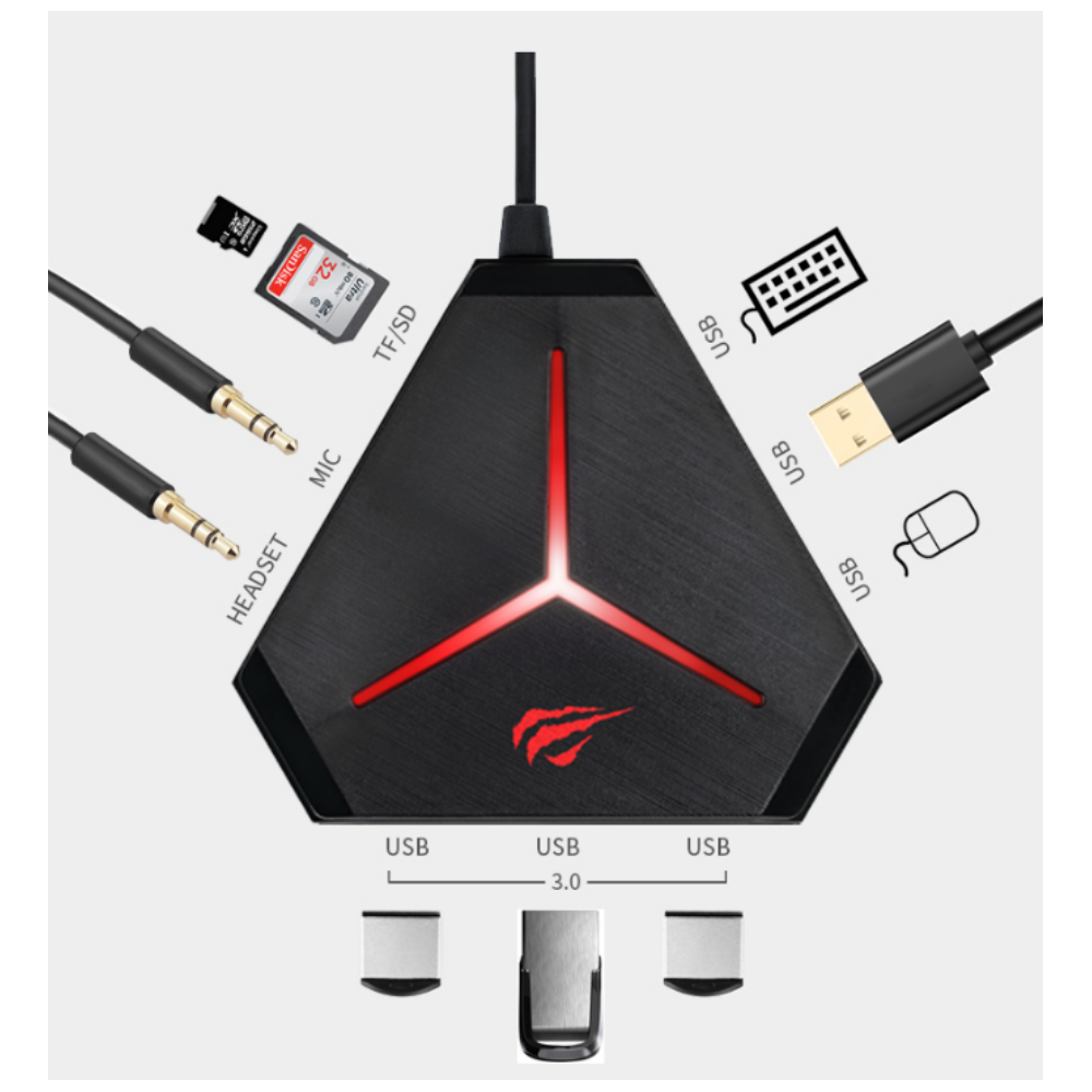 Hub USB Havit H95 / USB 3.0 / USB 2.0 / Lecteur de carte TF/SD / Jack 3.5