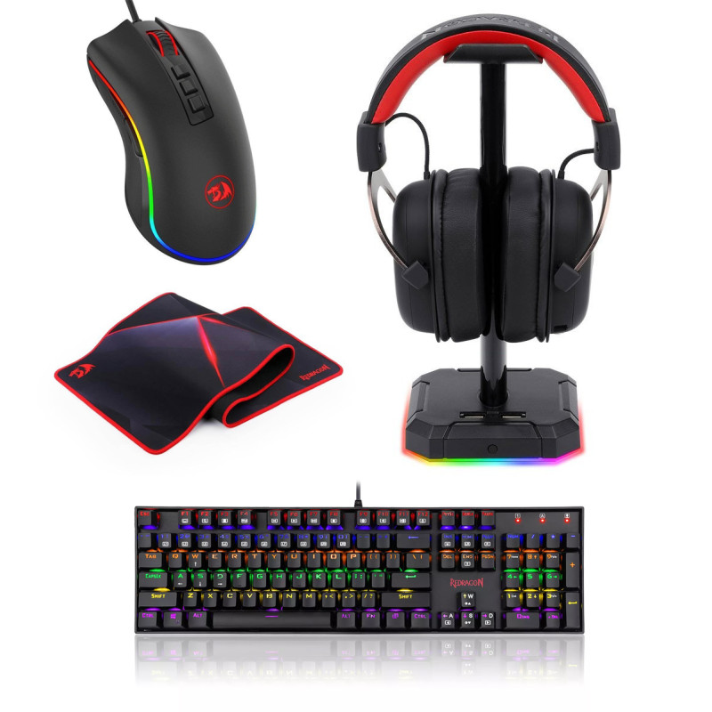 Pack Gaming Redragon: Casque Gaming + Support + Souris Gaming + Tapis de  souris + Clavier Gaming