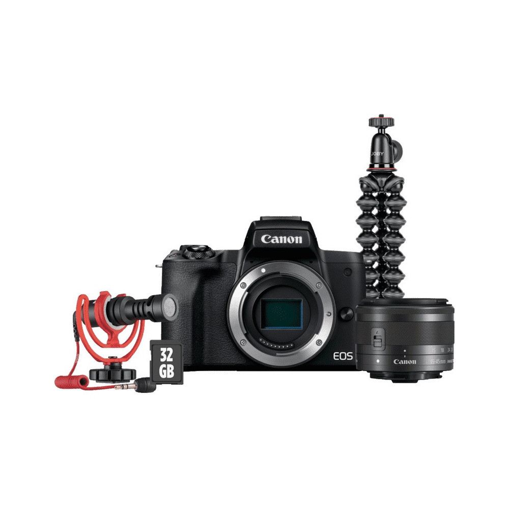 Kit Canon pour vlogueur EOS M50 Mark II / Objectif EF-M15-45 / Micro rode / Tripod / Carte SD 32GO